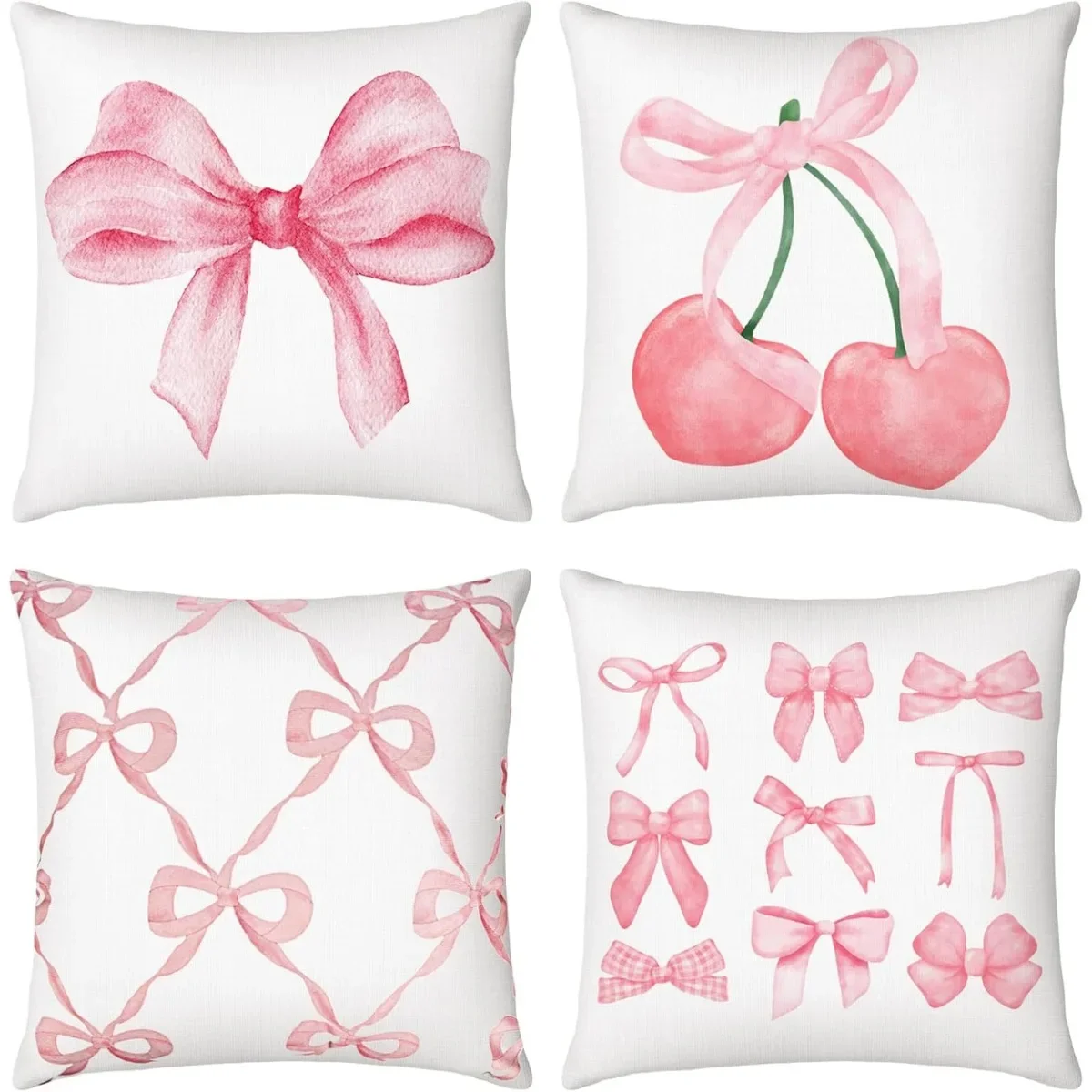 4 Pcs - Coquette Pillow Covers Pink Bow Pillow Covers Watercolor Aesthetic Bow Cherry Pillow Covers Room Decoration 45x45cm