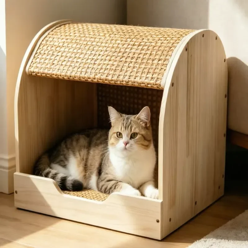 Multifunctional Solid Wood Curved Cat House with Cooling Rattan Mat Indoor Four Seasons Cave Bed Jiangxi Made Model M02