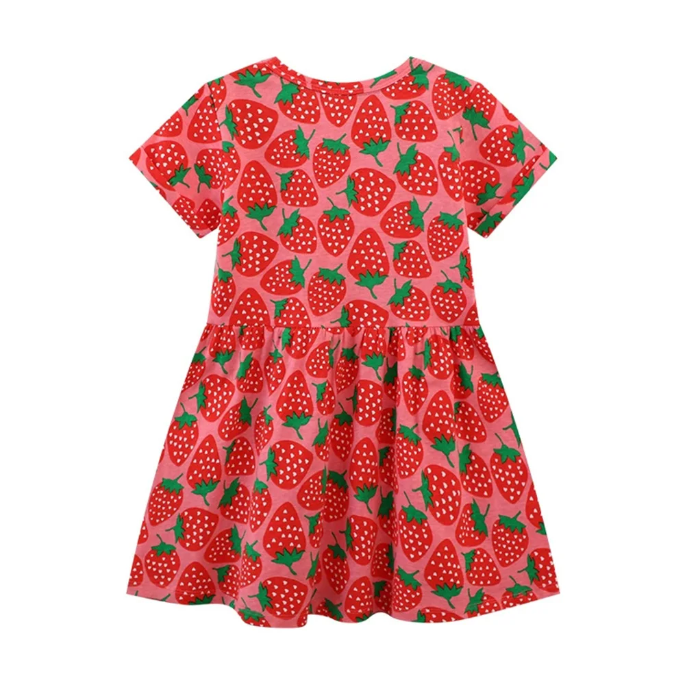 VIKITA 2025 New Fashion Kids Summer Short Sleeve Dress Strawberry Cartoon Print Daily School Princess Cotton Casual Red Dresses