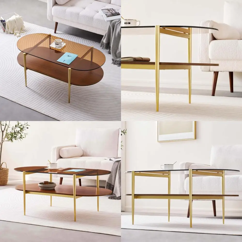 

Oval Glass Coffee Table, Mid-Century Modern Design, L41 x W21 x H17 inch, for Living Room, 2-Tier Structure, Amber Glass Top and