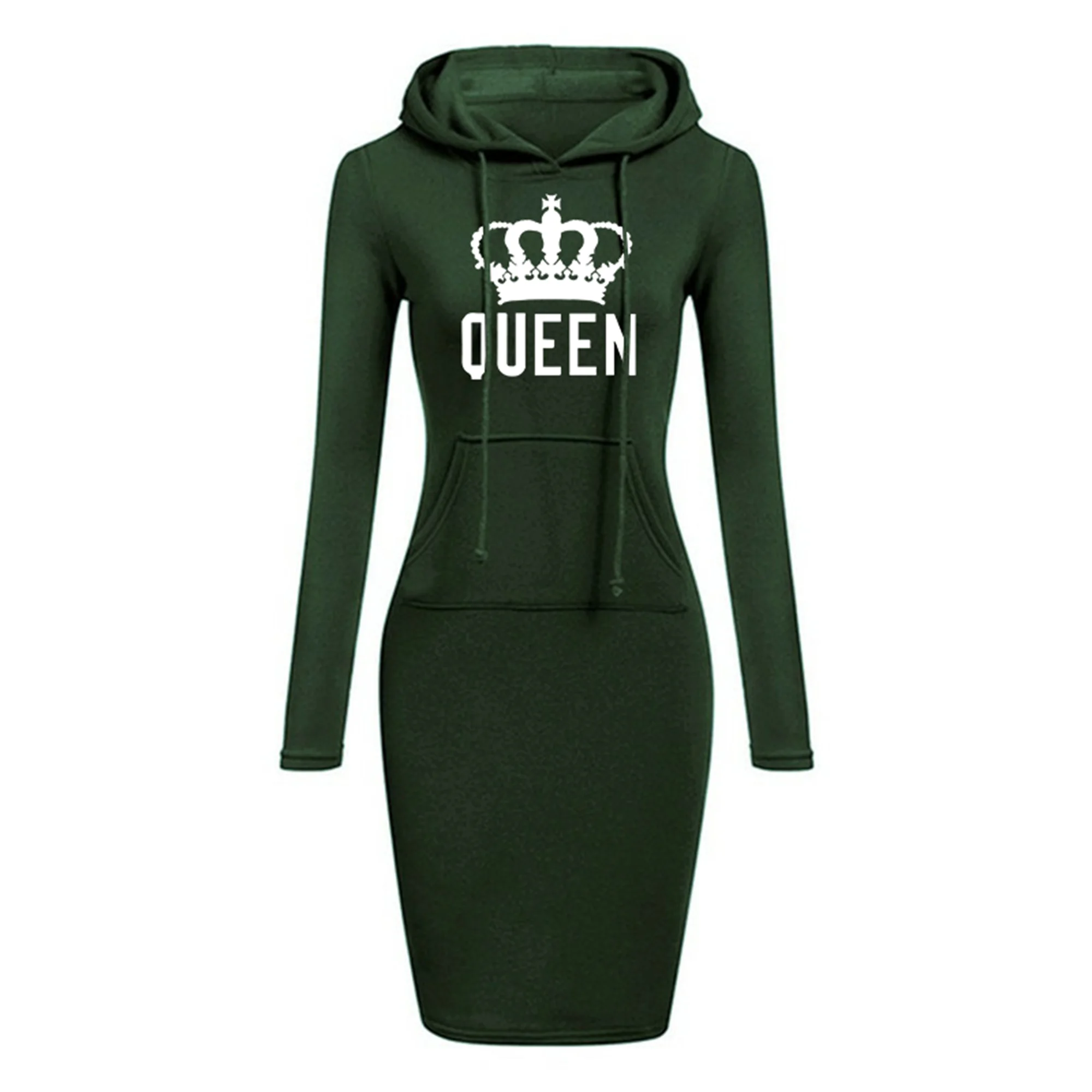 Daily Hot Casual Slim Queen Printed Women\'s Hoodie Knee Dress Sweatshirt Casual Pocket Hoodie Fashion Hoodie Dress Pullover