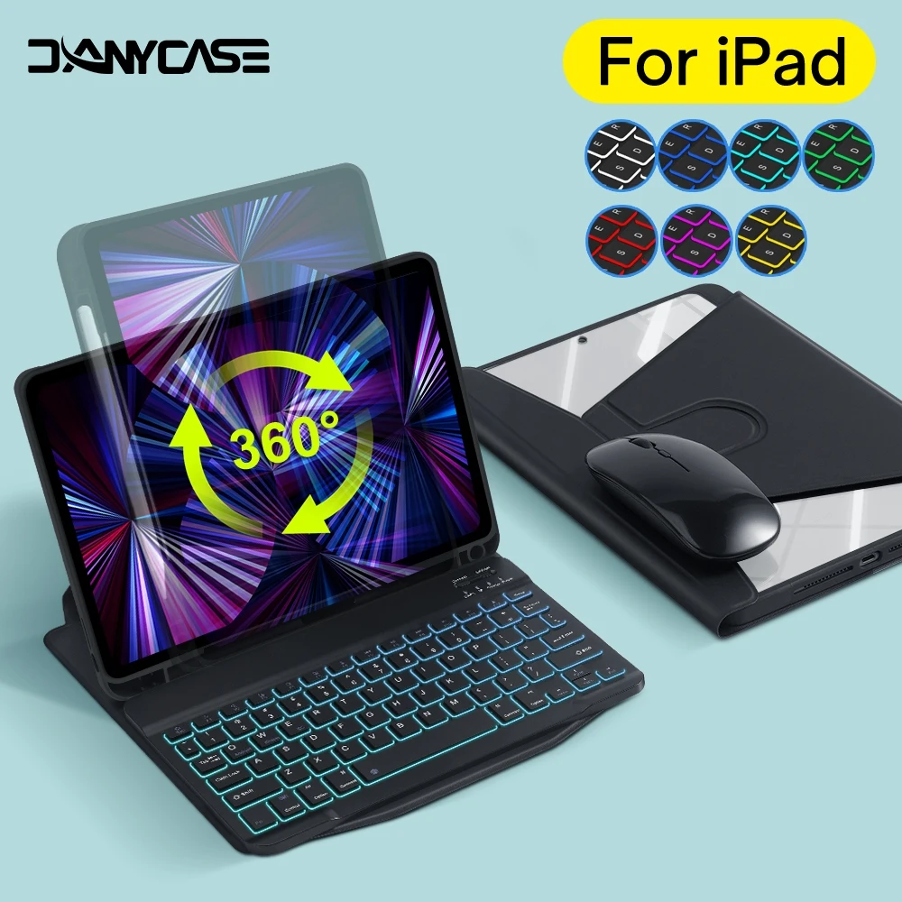 

For iPad 7th 8th 9th 10.2in Air 4 Air 5 10.9in 10th Gen Pro 11 Air 3 Pro 10.5 Case Keyboard Rotating Leather Magnetic Backlight