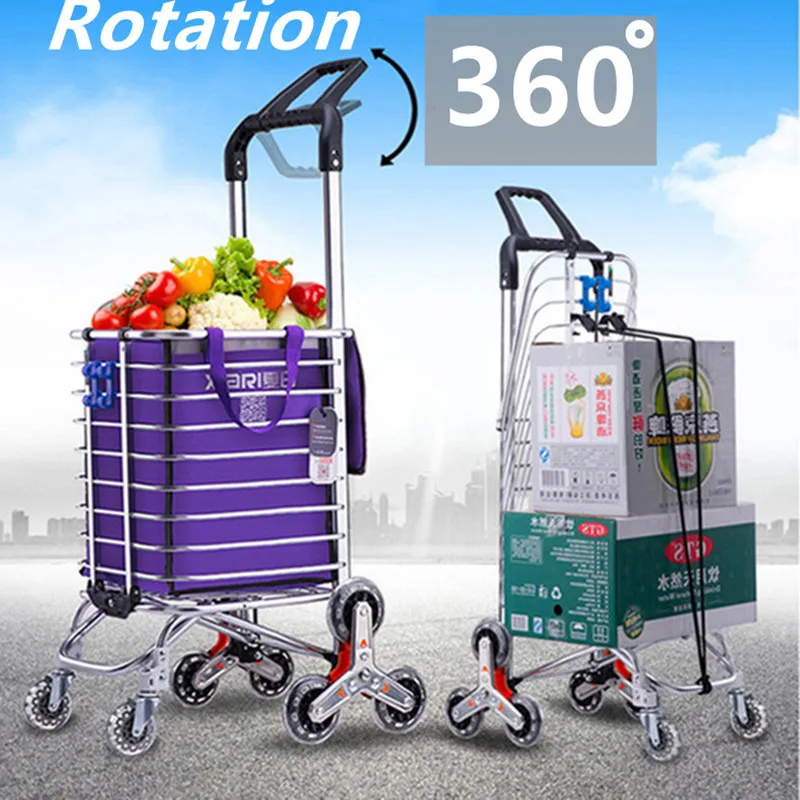 Supermarket Portable Shopping Cart Folding Luggage Trailer Multi-function Stair Climbing Trolley Elderly Grocery Outdoor Picnic