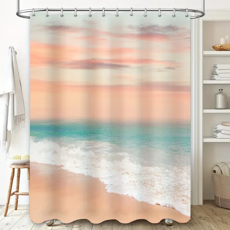 

Занавеска для душа Beach Bliss: мягкий коралловый синий океанские волны, декор с водопадом для ванной комнаты, розовый бохо, винтажный стиль, водонепроницаемая ткань D
