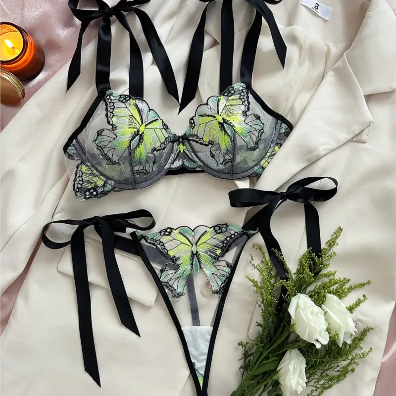 Butterfly Fantasy Lingerie Sheer Mesh Bra Panty with Bowknot Straps Exotic Lavender Underwear for Role Play Sexy Hot