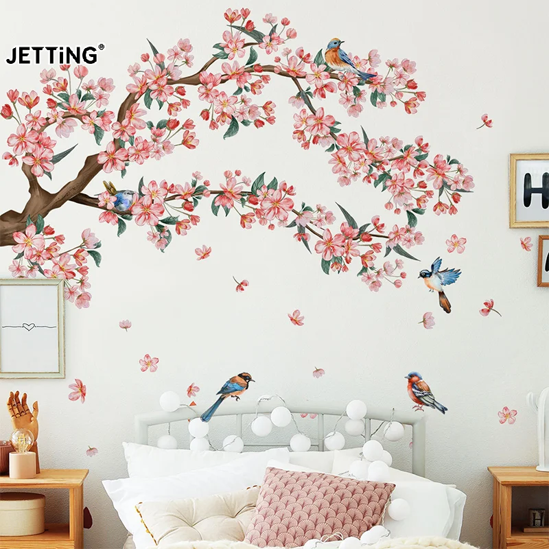 Creative Colorful Ink Wash Floral Peach Tree Branch Bird Wall Sticker Background Wall Home Decoration Self-adhesive Wall Sticker