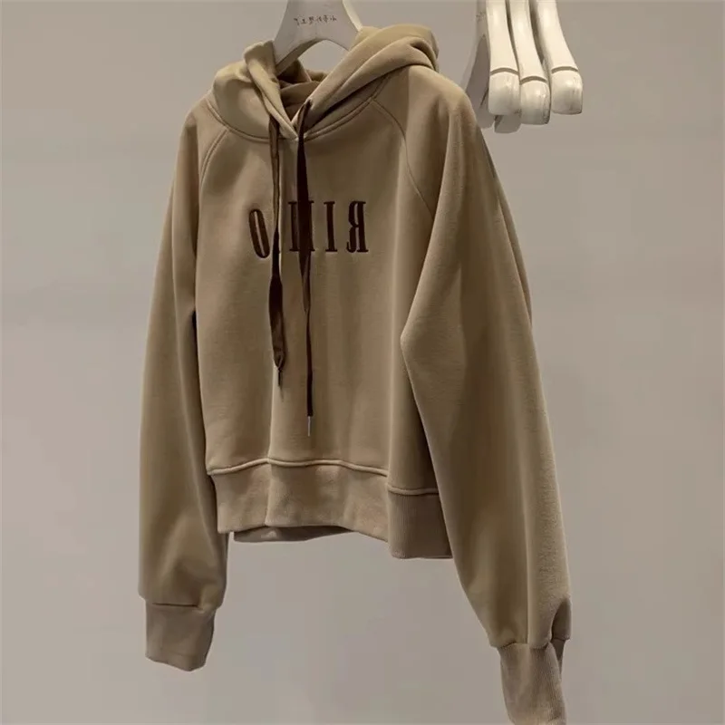 Felpa corta con cappuccio stile americano per donna Top sottile e ampio con copertura superiore spessa Giacca spessa Abbigliamento femminile