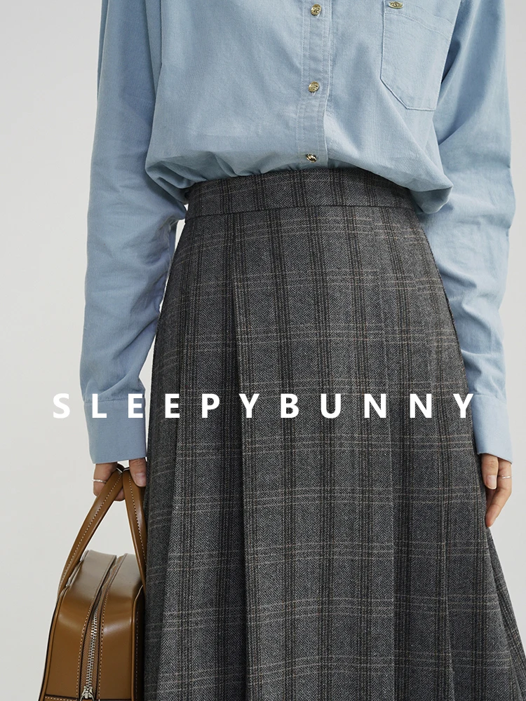 Women Vintage Plaid Wool High-Waisted Skirt Retro Color-Blocked A-Line Midi Skirt 2025 Winter College Style Warm Elegant Dress