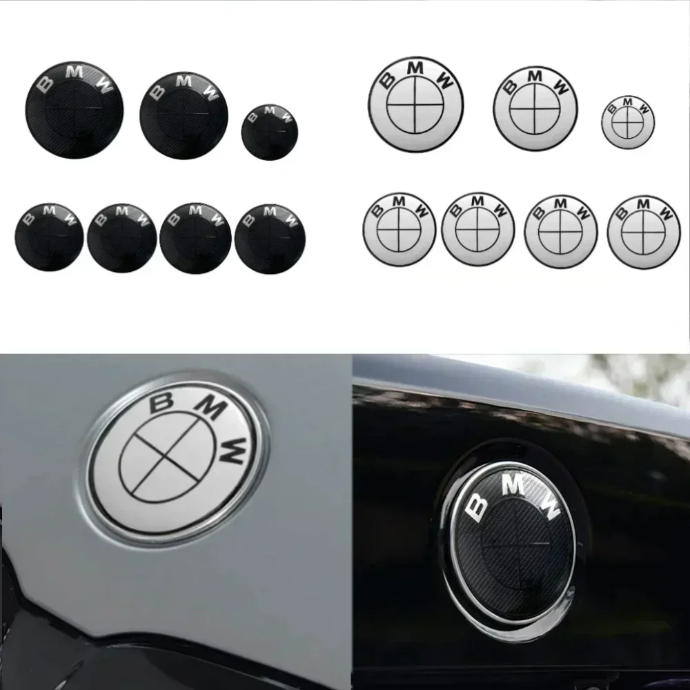 

7 new BMW badge logo front and rear logos 82mm 74mm 4 68mm wheel covers+46mm steering stickers complete car badge kit.