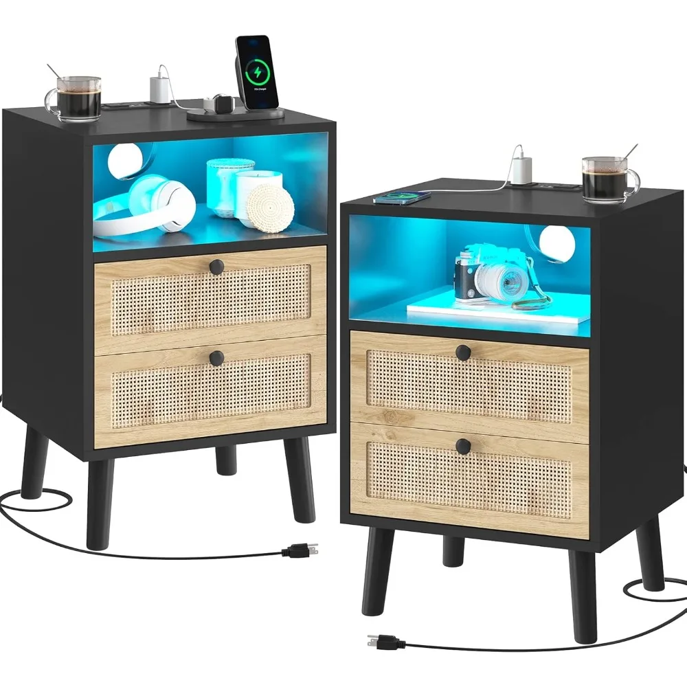 

Rattan Nightstands Set of Nightstands with Charging Station LED Lights Bed Side Tables with Hand Made Rattan Drawer