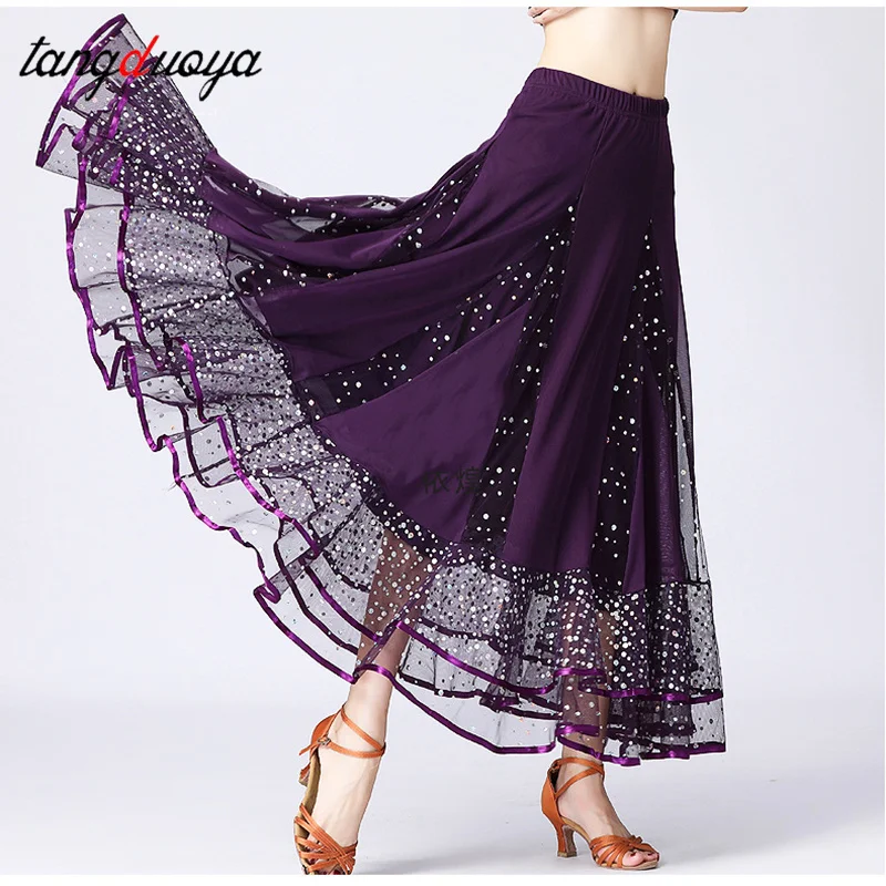 กระโปรงเต้นรำบอลรูมสำหรับผู้หญิง ประดับเลื่อม กระโปรงครึ่งตัว ชุดเต้นวอลซ์ เอวยางยืด กระโปรงบานใหญ่ ชุดเต้นสำหรับผู้ใหญ่ ชุดเต้นระบำหน้าท้อง อุปกรณ์เสริม