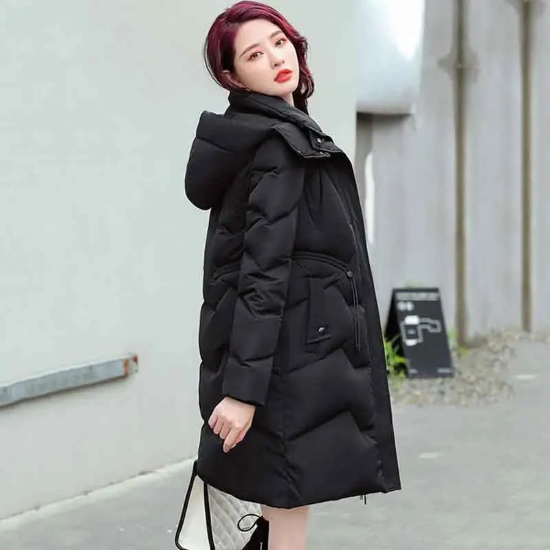 Korean Version Of White Duck Down  Women's  Winter New Fashion Thickened Warm fleece Hooded Mid-length Coat Women's Tide