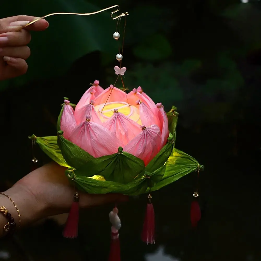 Portable Glowing DIY Lotus Lantern Chinese Vintage Handmade Handheld Flower Light Hanging Mid-Autumn Festival Lantern Kid Toys ​