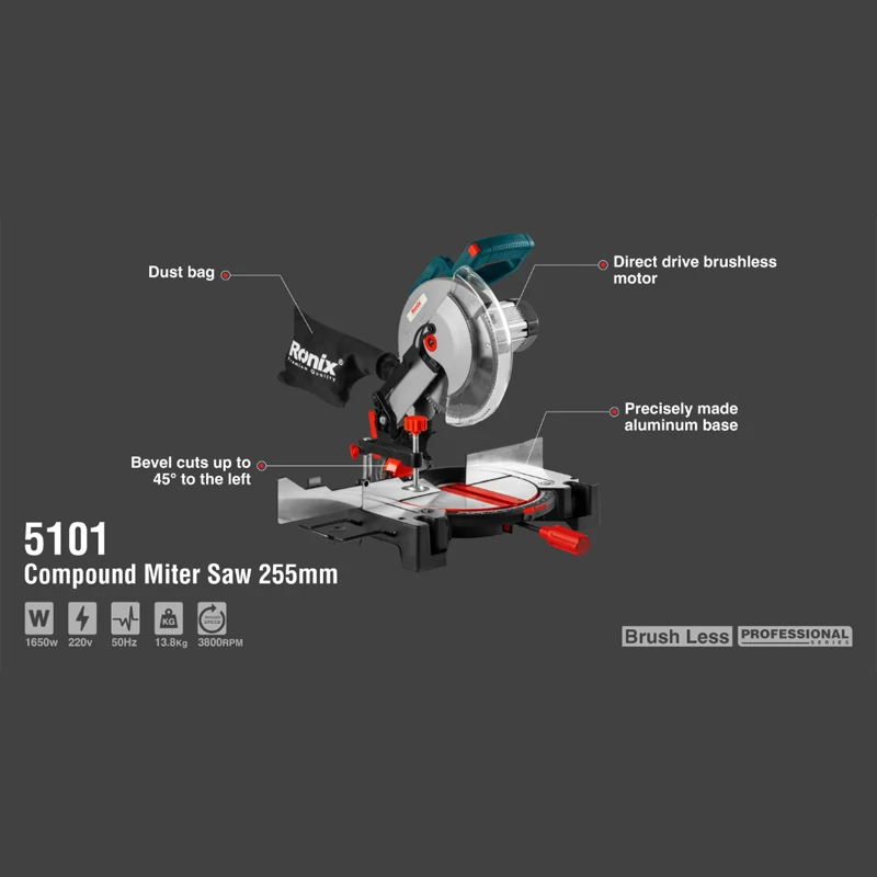 Ronix Professional Factory Mitre Saw With Sliding Compound and Support Pedest Sliding Mitre Saw