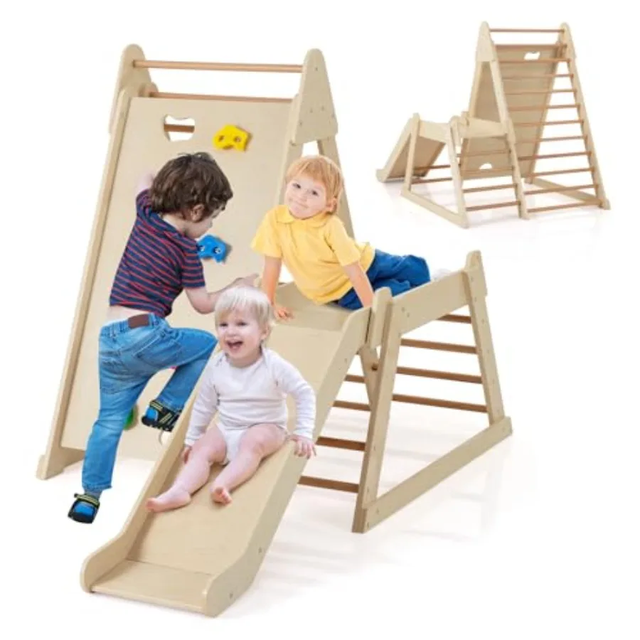 

Indoor Jungle Gym 3-in-1 Toddler Climbing Toy w/Slide Climber Ladder Climbing Rocks Resting Platform Wooden Montessori Playgrou