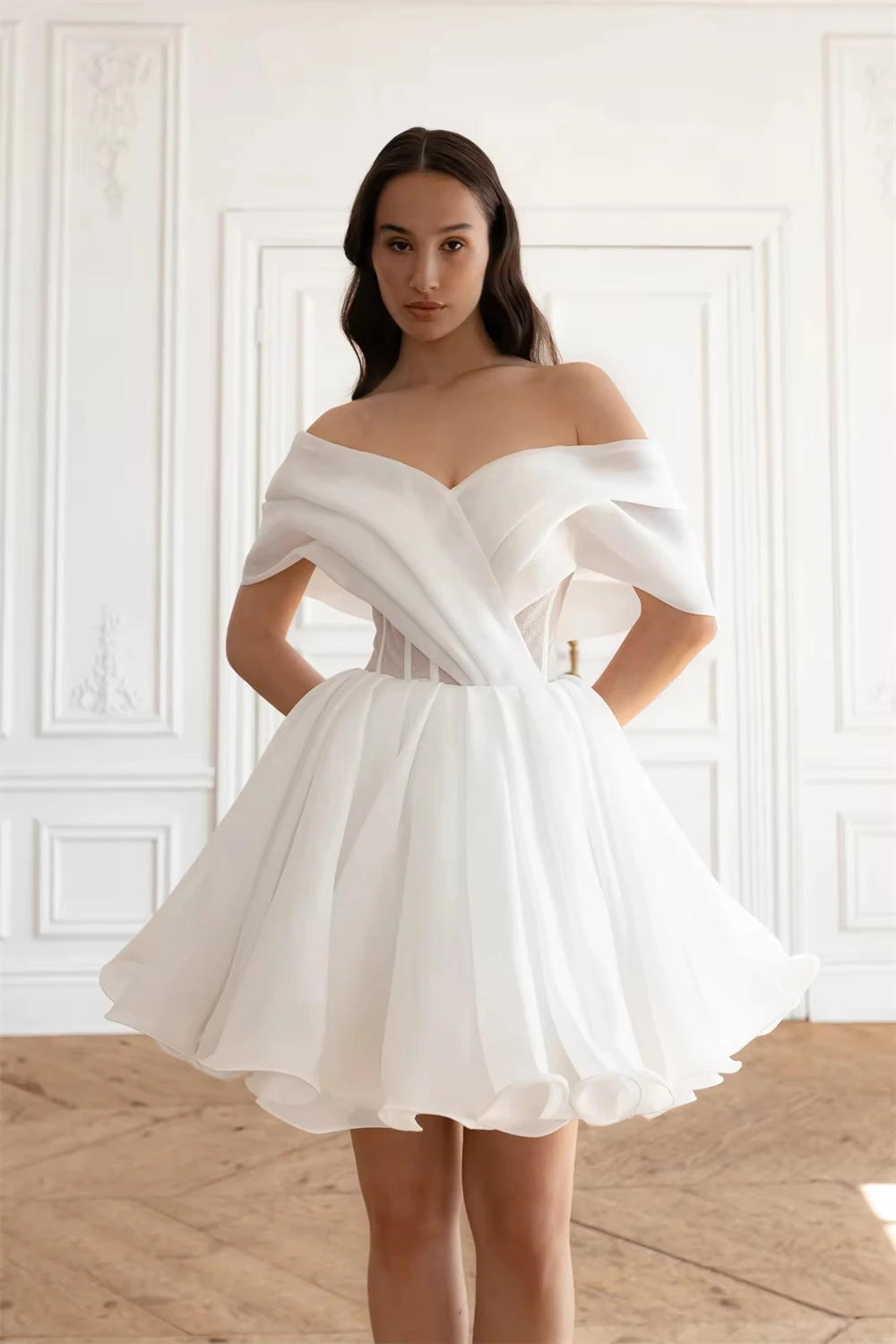 

White Off Shoulder Mini Skirt Homecoming Dresses V-Neck Backless Lace-up A-Line Bow On Waist Birthday Party Dresses Customized
