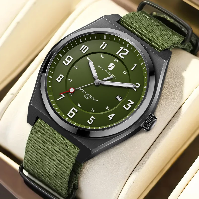 ساعة كوارتز رياضية للرجال من SAPPHERO طراز عسكري بمينا أخضر وعرض التاريخ وحزام جديلة 5ATM مقاومة للماء هدية للرجال #1