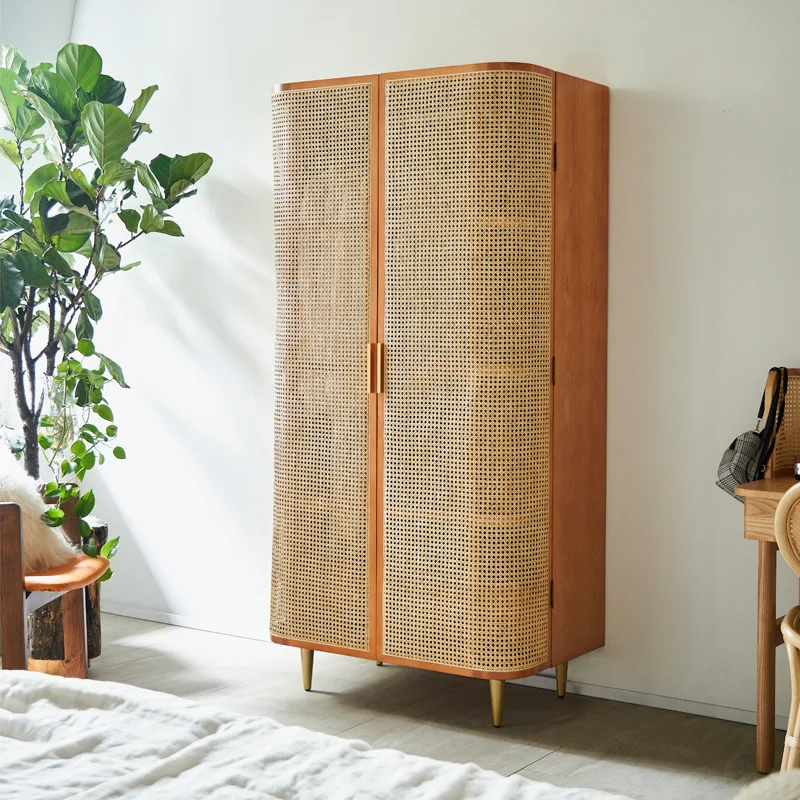 

Wabi Sandy Wind Solid Wood Wardrobe Simple Light Luxury Rattan Double Door Storage Cabinet Bedroom Large Capacity Locker with Dr