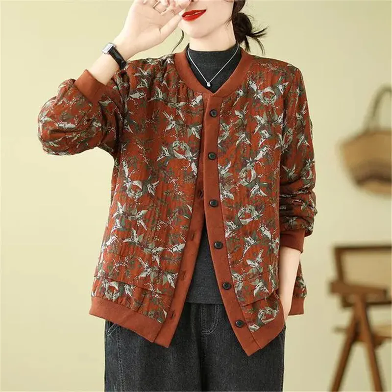 High Quality Pure Cotton And Linen Printed Cotton Padded Thick Cotton Jacket Middle Aged Elderly Women Cotton Coat Autumn Winter