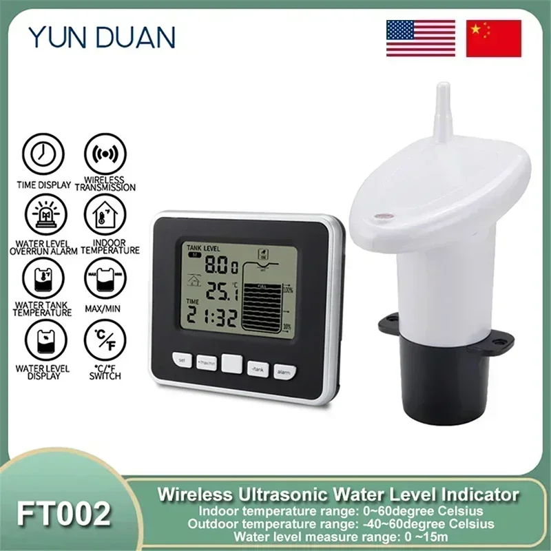 YUN DUAN Sensor ultrasónico de nivel de líquido Indicador de nivel de agua inalámbrico Sensor de tanque de agua Medidor de profundidad inalámbrico