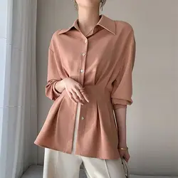 2024 Solid Color Spring Women Chiffon Design Pleats Lapel Collar Shirt Corset Niche Light Ripening Long Sleeved All-match Tops