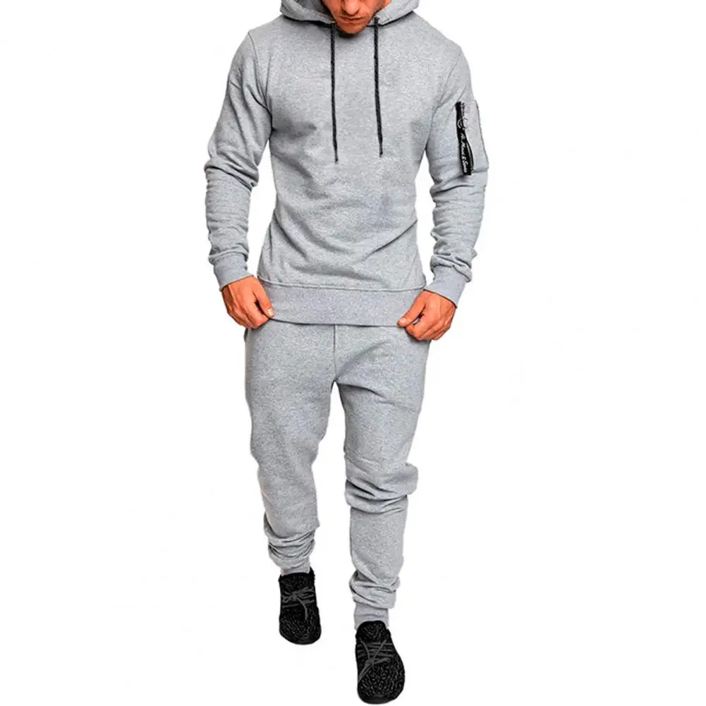 2 Pcs/Set Men Hoodie Pants Suit Solid Color Long Sleeve Hooded Elastic Waist Ankle-banded Drawstring Casual Sports Set Men Fall