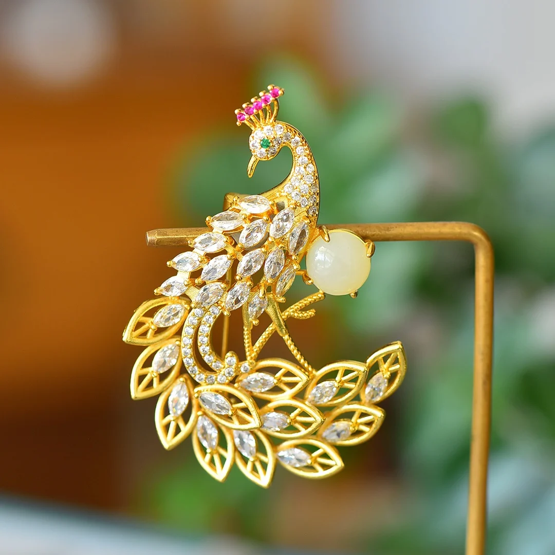 

Hotan Jade White Jade Phoenix Dance Jiutian Colorful Zirconium Brooch phoenix broche luxe brooches for women