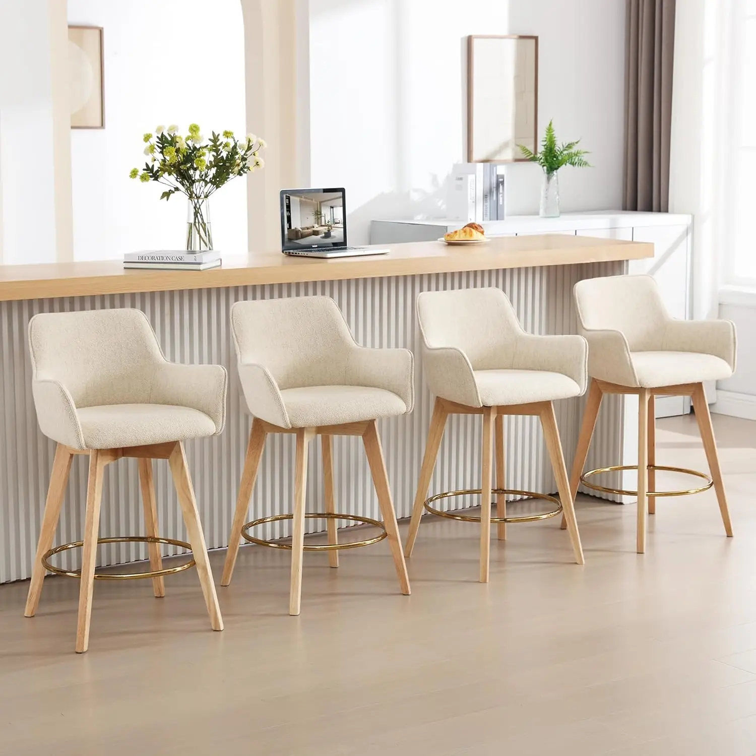 

26" Swivel Counter Stool Set 4 Kitchen Island Chair Back Arm Footrest Wood Legs Linen Farmhouse Beige, Customized