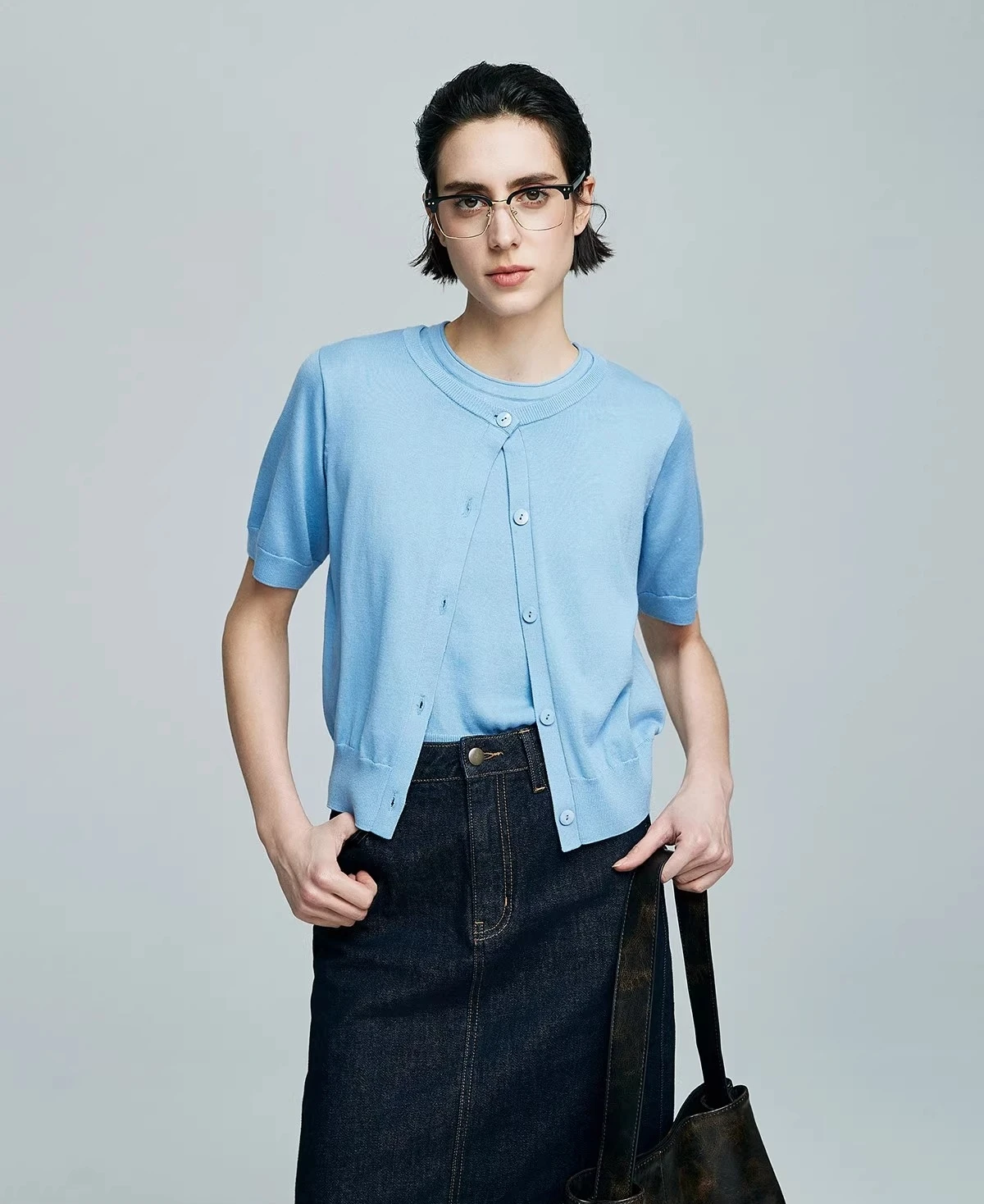 

Tencel cotton short-sleeved knitted cardigan female Spring/Summer 2025 Short-sleeved round-neck with a cardigan inside