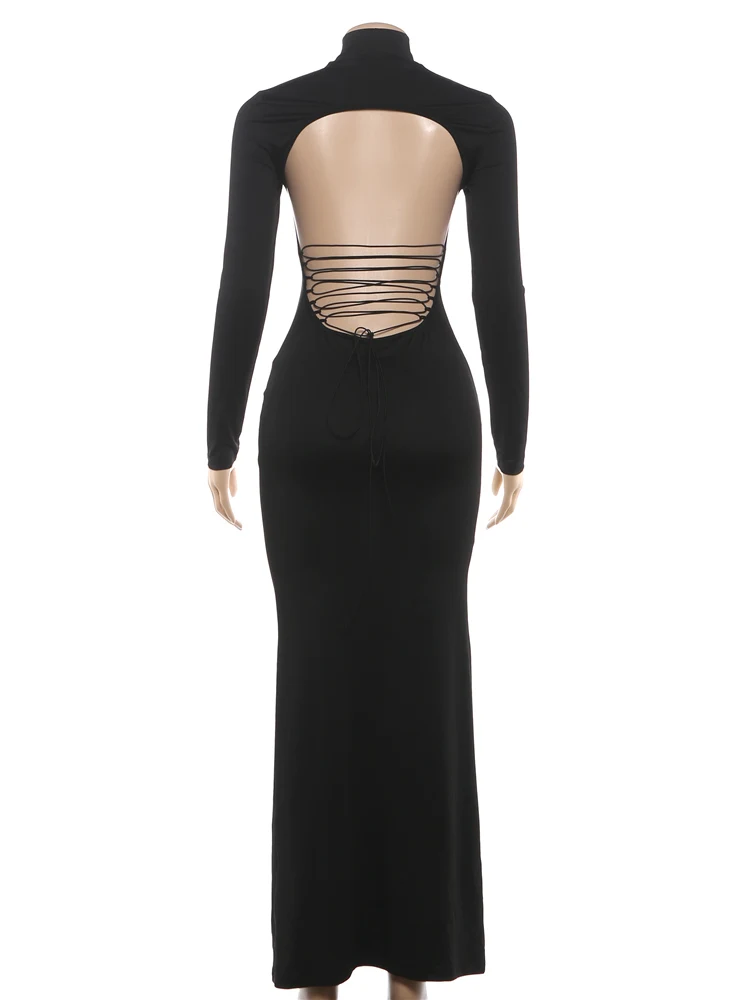 Kliou Bandage Backless Design Long Dress Woman Turtleneck Full Sleeve Skinny High Stretch Midnight Prom Party Elegant Vestidos