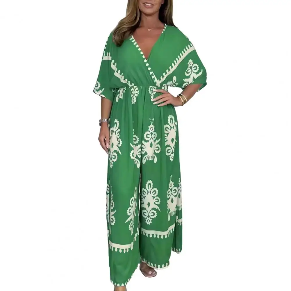 Retro Print Jumpsuit Bohemian Strand Lange Jumpsuit Stijlvolle Plus Size V-Hals Wijde Pijpen Zomer Dames Eendelig Geplooid Hoog