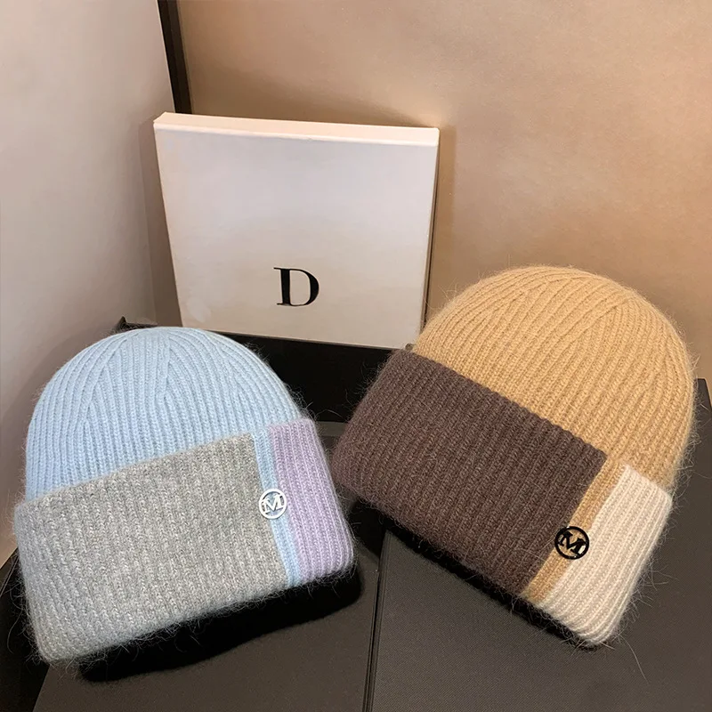 

Real Rabbit Fur Winter Women Knitted Hat Fashion Letter M Wool Skullies Beanies Ear Protection Lady Warm Walking Bonnet