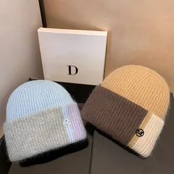 Real Rabbit Fur Winter Women Knitted Hat Fashion Letter M Wool Skullies Beanies Ear Protection Lady Warm Walking Bonnet