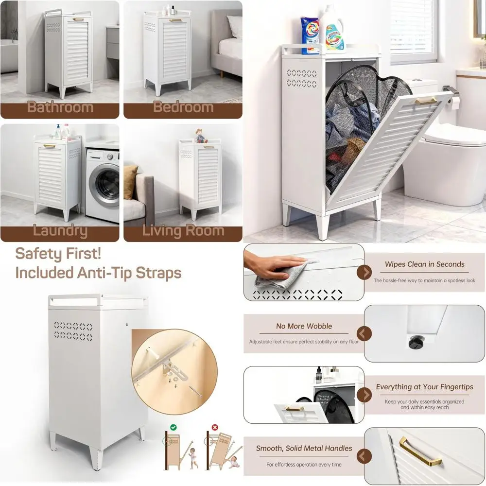 

White 13 Gallon Tilt-Out Hamper Cabinet with Golden Handle for Laundry Storage in Bathroom, Laundry Room, or Bedroom