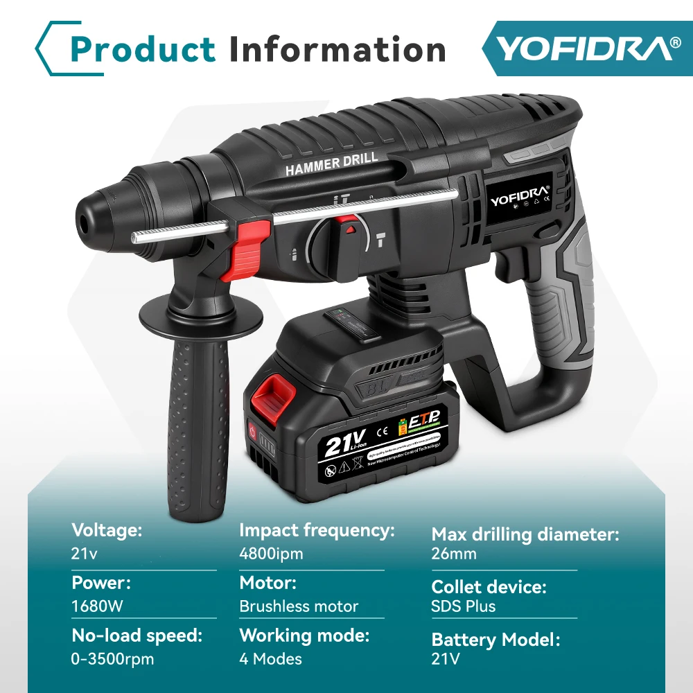 Yofidra 26mm Brushless Electric Hammer Impact Drill Multifunction Efficient Cordless Rotary Power Tool For Makita Battery Pin