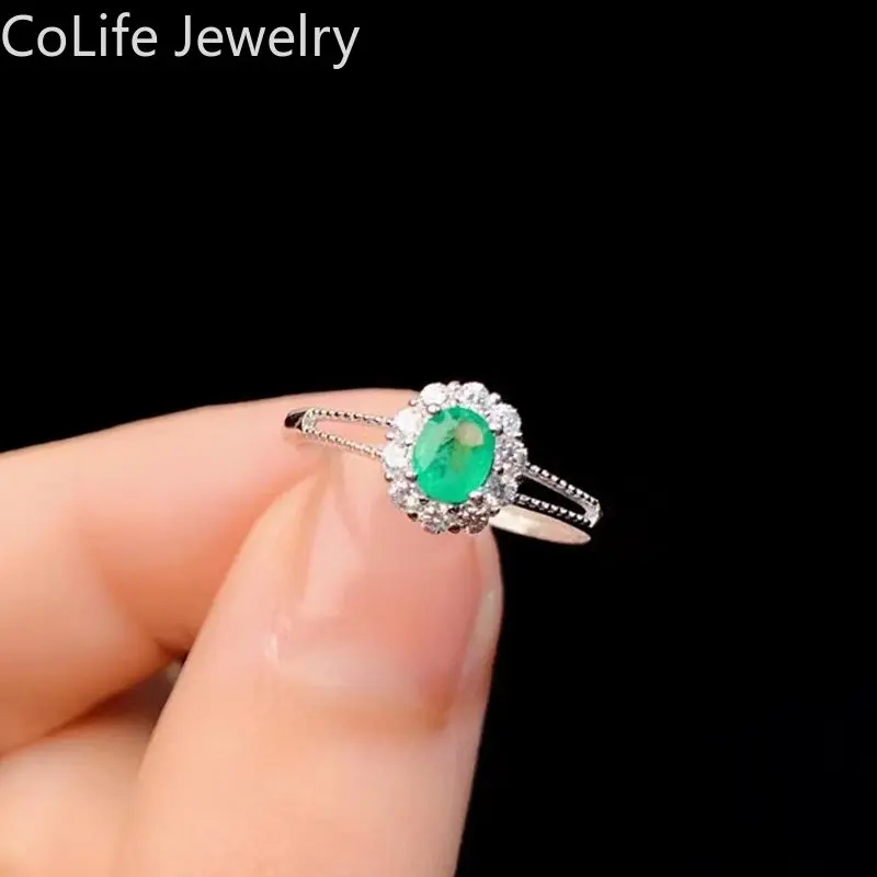 

Natural Emerald Ring for Engagement 0.3ct 4mm*5mm Emerald Silver Ring Solid 925 Silver Emerald Jewelry