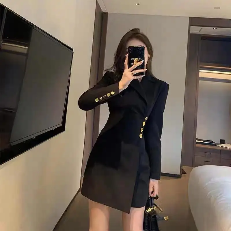 Lnsozkdg Spring Autumn Quality Long Sleeve Sexy V-neck Slim Sheath Short Black Dress Buttons Women Skinny Dresses Streetwear