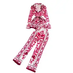 JAMERARY Autumn Porcelain Floral Two Piece Sets Women Long Sleeve Shirts Red White Blouses + Skinny Pants Suits Runway