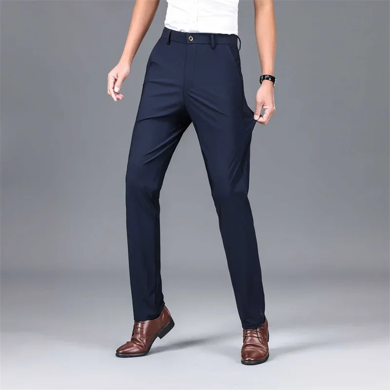 Summer Casual Men\'s High Stretch Straight Business Office Pants Ultra Thin Quick Drying Ice Silk Suit Pants Brand Male Trousers