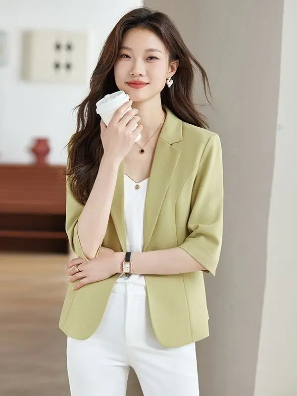 Light Blue Slim Fit Short Sleeve Women's  Jacket Thin Style Spring Summer New Arrival Button Detail Business Casual Coat
