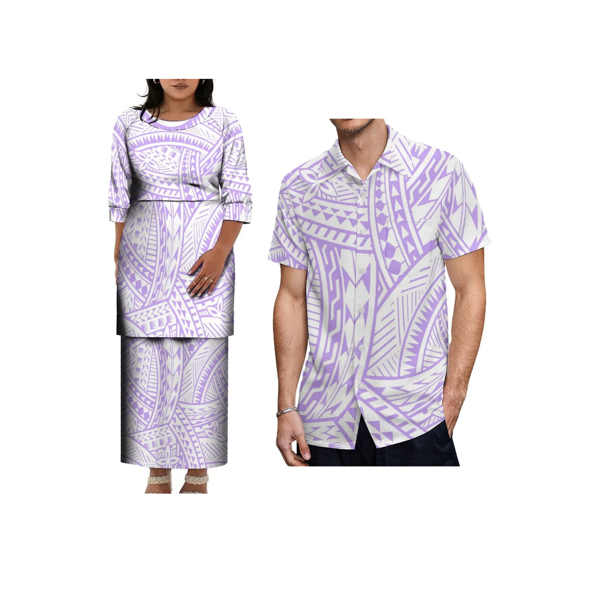 

Hot Sale Custom Plus Size Women Clothes Polyensian Puletasi O-Neck Dress Half Sleeve Blue Dress Elei Tribal Design Dress 2 Piece