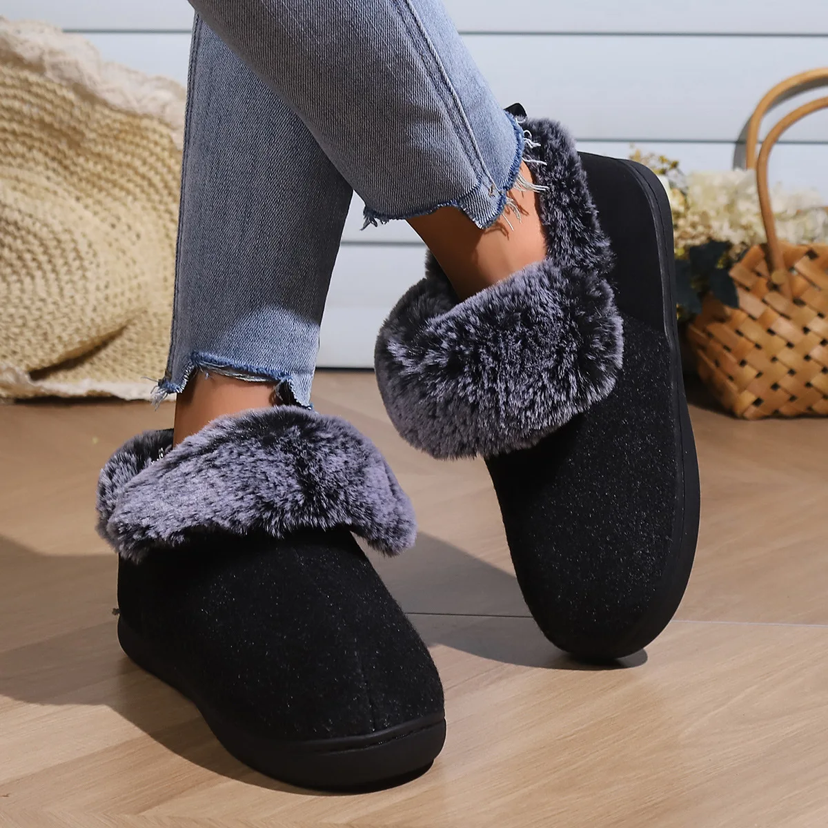 Smile Pop New Men Plush Slippers Indoor Fluffy Fur Home Men Slippers Outdoor Warm Closed Soft Non-slip Fuzzy Winter Men Shoes