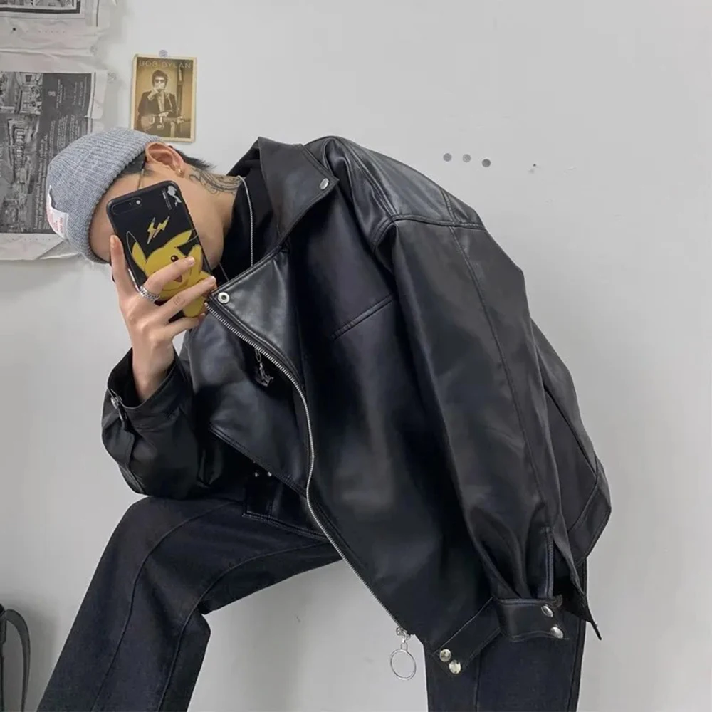 Mens Pu Leather Jacket Rivets Casual Pu Jacket Streetwear Fashion All-Match Youth Trend Campus Long-Sleeved Top Men'S Clothing