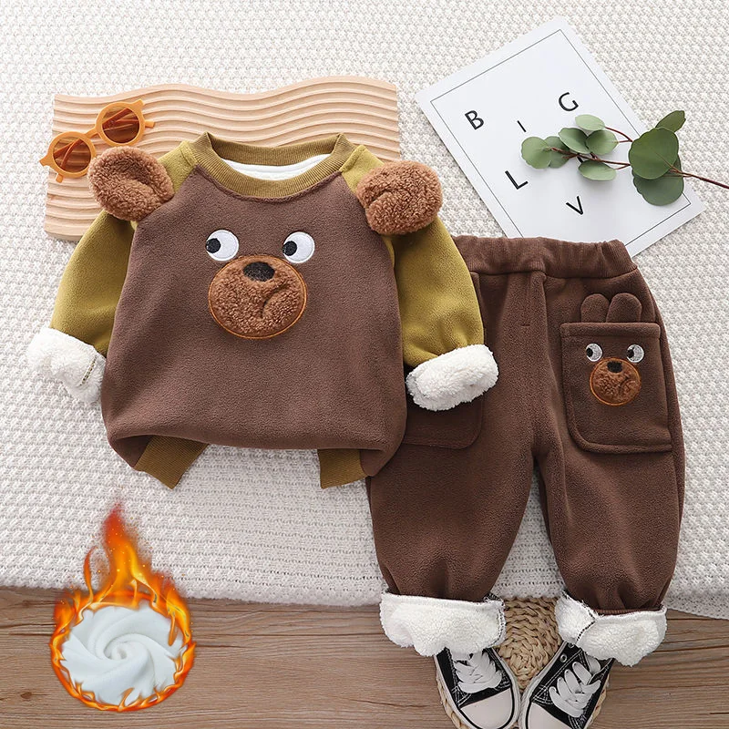 Baby Lambwool Thickened Sets Children Plus Velvet Winter Suits Boys Girls Sweatshirts+Pants 2Pcs Outfits Kids Warm Clothing 1-5Y