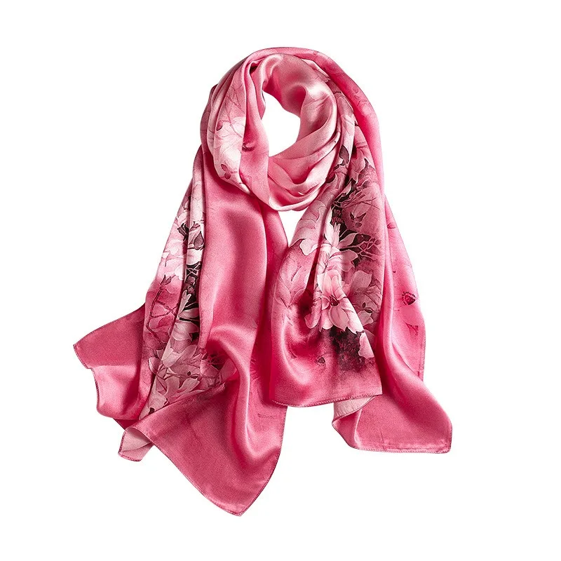 100% Maulbeerseide Langer Schal für Damen, Rechteckige Tücher als Kopftuch oder Halstuch, Haarwickel, Geschenkverpackt, Rosenroter Blumendruck