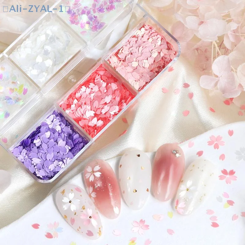 【ZYAL-1】6 rejillas de pétalos de flores brillantes, lentejuelas para uñas, flores de cerezo, pegatinas con purpurina, decoración holográfica de primavera, decoración de escamas