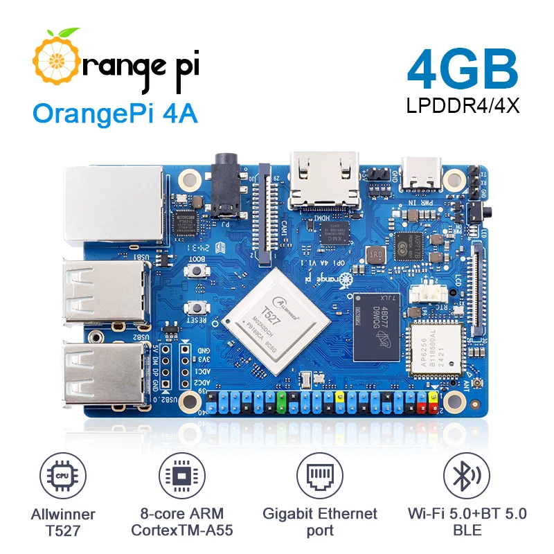 Orange Pi 4A 4GB RAM LPDDR4/4X Single Board Computer with 64GB eMMC Module Sets,Allwinner T527 CPU,2 TOPS NPU,8 Core Arm+RISC-V