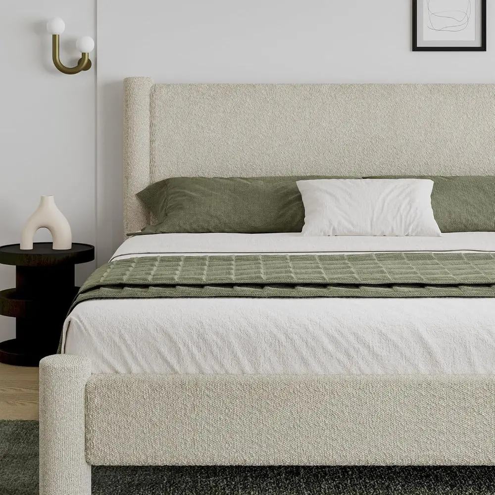 Cream King Size Upholstered Bed Frame with Rounded Corners, No Box Spring Needed, Easy Assembly, Headboard Included