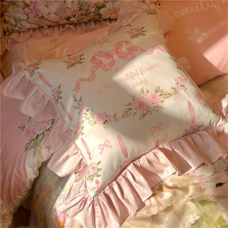 Square Pillow with Core Pink Rose Bowknot Sofa Cushion Girl\'s Lace Cushion Cotton Decorative Pillow for Bedroom and Living Room