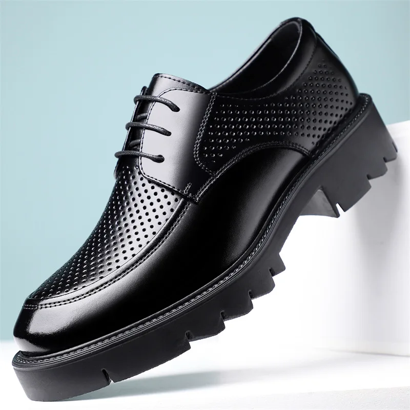 

2026 Men's Leather Shoes Business Thick soled Breathable Leather Shoes Hollow out Formal Interior Height Raising Leather Shoes